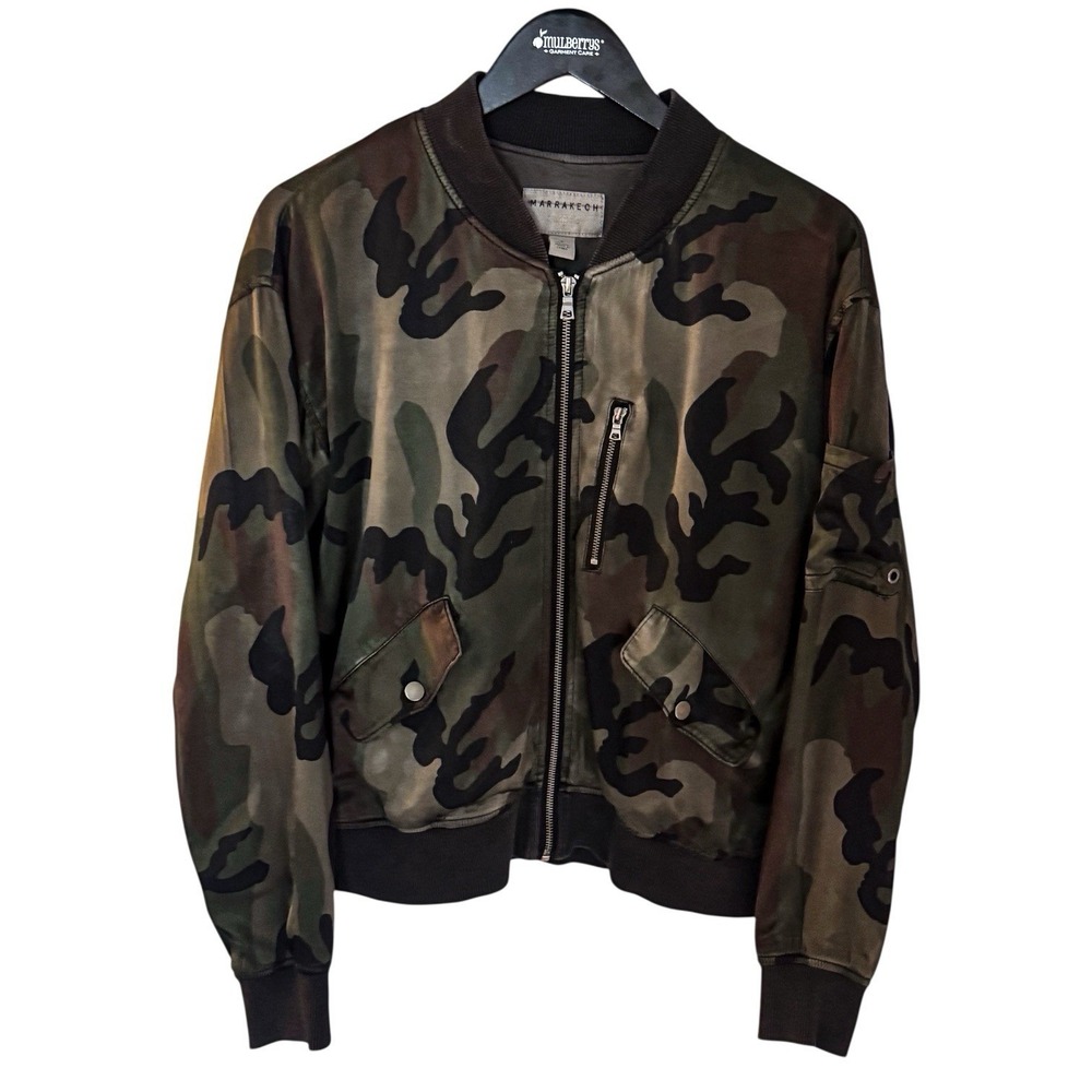 Anthropologie Marrakech Full Zip Satin Camoflauge Bomber Jacket Size Small